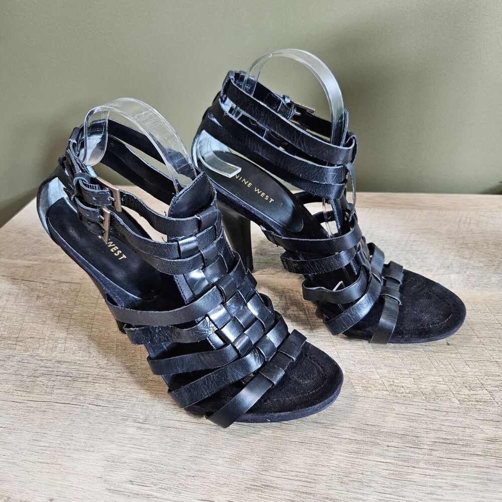 Nine West Womens 10M Aromao Black Leather High Heel Gladiator Sandals Strappy